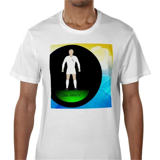 White Leeds-inspired football art T-shirt featuring vibrant football figure artwork, ideal for football fans and collectors