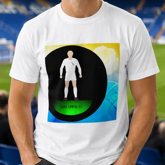 Leeds-inspired football figure art T-shirt with colourful full-colour football artwork on a white cotton shirt
