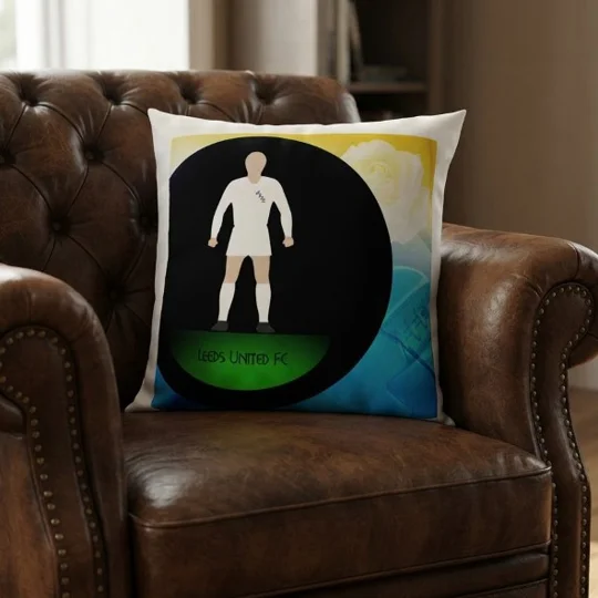Leeds-inspired football figure cushion with full-colour retro football artwork on cream cushion