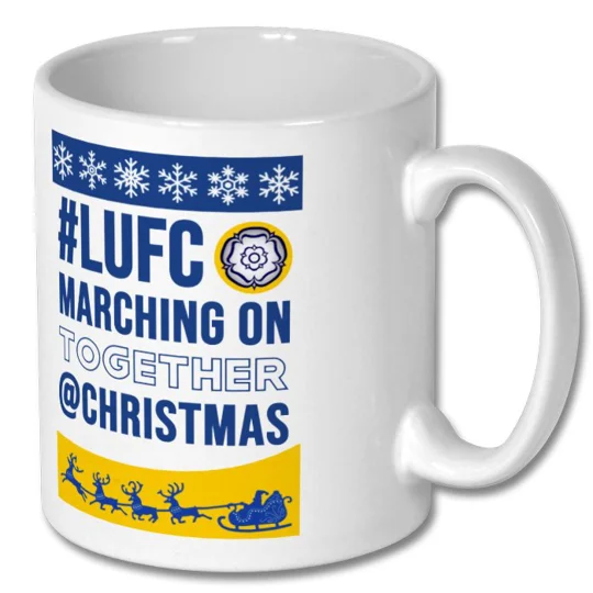 Leeds-inspired Marching on Together football Christmas gift mug showing the festive design in high-definition colour