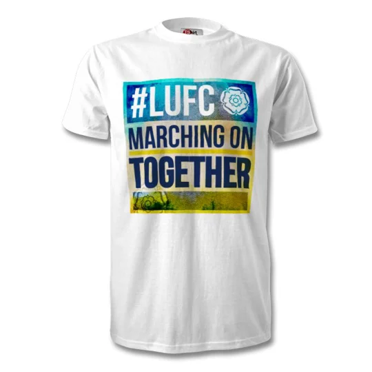 White Marching On Together football T-shirt, a Leeds-inspired gift for football fans