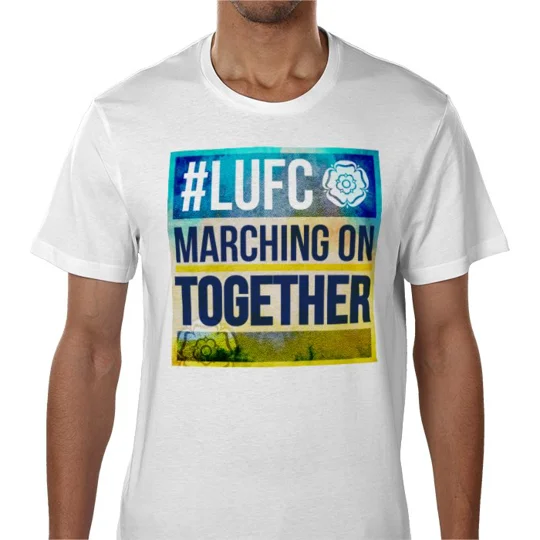 Leeds United-inspired Marching On Together cotton fan tee showing the full-colour front design