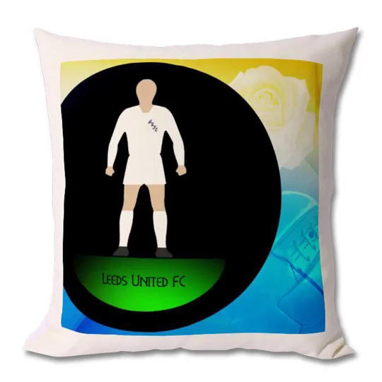 Leeds-inspired football cushion featuring colourful football figure art, 42cm x 45cm