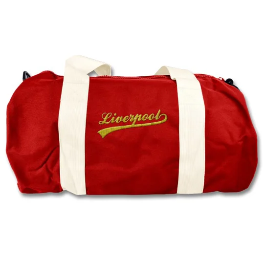 Liverpool-inspired retro football holdall with embroidered vintage-style design and detachable shoulder strap.