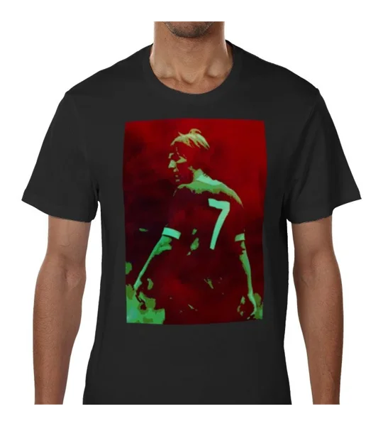 Liverpool-inspired Kenny Dalglish No. 7 black football fan tee with colourful artwork