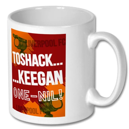 Toshack Keegan One Nil mug with Liverpool-inspired football artwork on a white 10oz mug