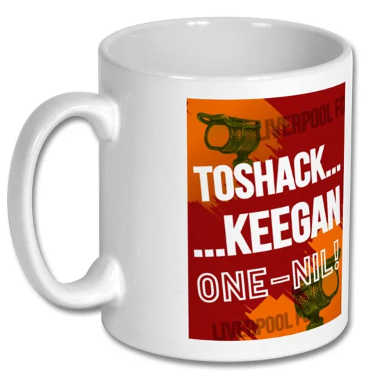 Kevin Keegan mug featuring Toshack Keegan One Nil nostalgia-inspired football art on a glossy white ceramic mug