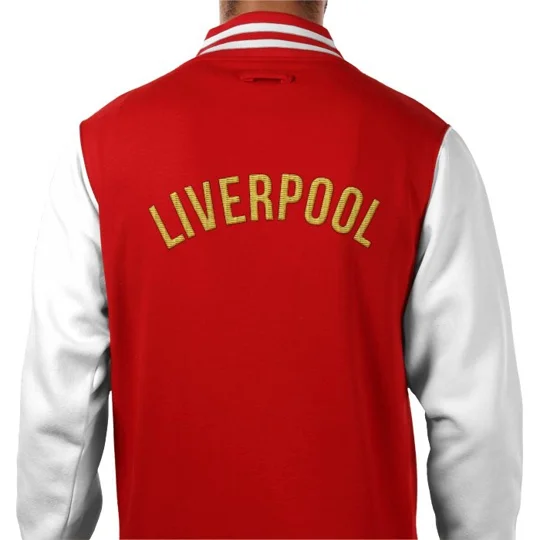 Liverpool-Inspired red retro varsity jacket with embroidered two-tone design