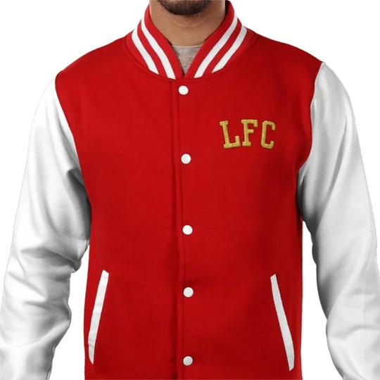 Red Liverpool-Inspired varsity jacket with contrast sleeves and striped cuffs