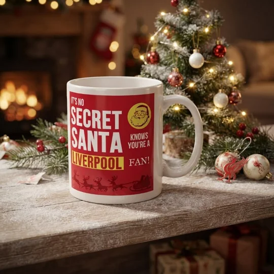 Liverpool-inspired Secret Santa Christmas gift mug with full-colour football art image on a white mug
