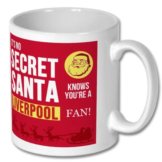 Glossy white Liverpool-inspired Christmas football mug showing colourful artwork, ideal for a Secret Santa present