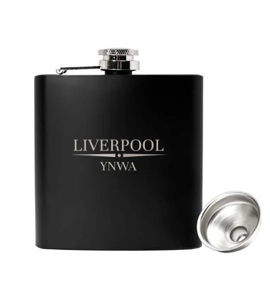 Black Liverpool YNWA football fan hip flask with engraved design and filling funnel
