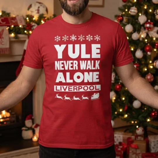Liverpool-inspired Yule Never Walk Alone Christmas T-shirt in red with festive football artwork