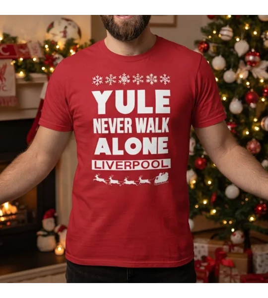 Liverpool-inspired Yule Never Walk Alone Christmas T-shirt in red with festive football artwork