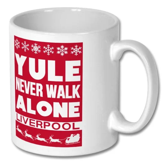 White 10oz Liverpool-inspired Yule Never Walk Alone Christmas gift mug with glossy finish