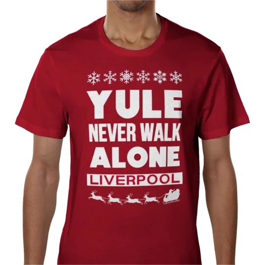 Red Liverpool Christmas shirt-inspired football fan tee featuring Yule Never Walk Alone design