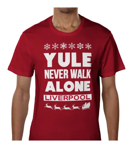 Red Liverpool Christmas shirt-inspired football fan tee featuring Yule Never Walk Alone design
