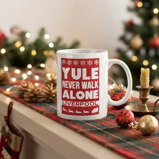 Yule Never Walk Alone Liverpool-inspired Christmas mug with festive full-colour football artwork