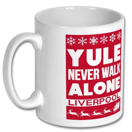 Liverpool-inspired festive football mug featuring Yule Never Walk Alone Christmas artwork by Football Art Online