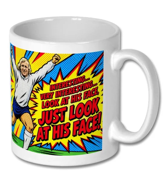 Franny Lee Derby-inspired football mug with vibrant Pop-Art tribute to the famous “Look at His Face” moment