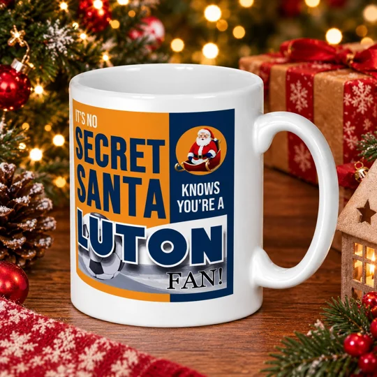 Luton-inspired Secret Santa Christmas gift mug featuring full-colour football artwork