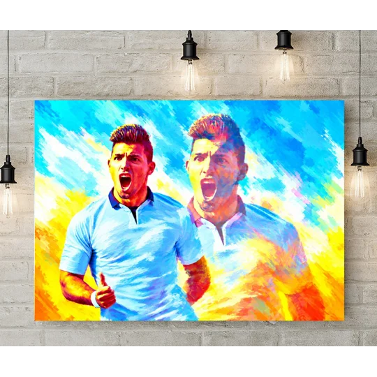 Manchester City-inspired Sergio Aguero legend tribute canvas print displayed on a wall