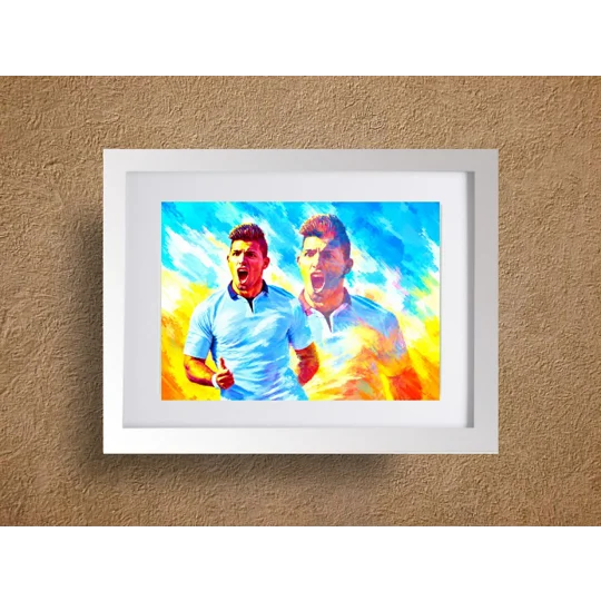 Sergio Aguero-inspired Manchester City football wall art in an A4 silver frame with white mount