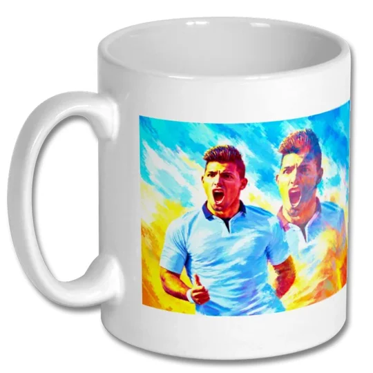 White Sergio Agüero-inspired Manchester City football mug featuring high-definition colour artwork