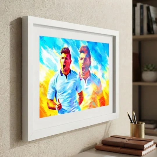 Sergio Aguero Man City-inspired abstract football legend framed print with silver frame and white mount