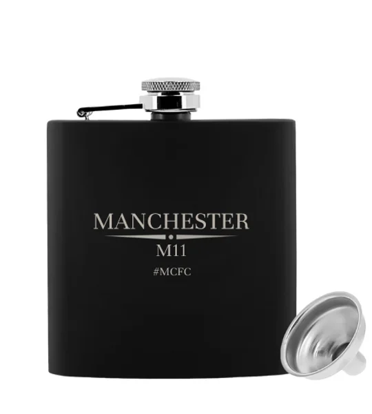 Manchester City-inspired 6oz black hip flask with engraved design and presentation gift box