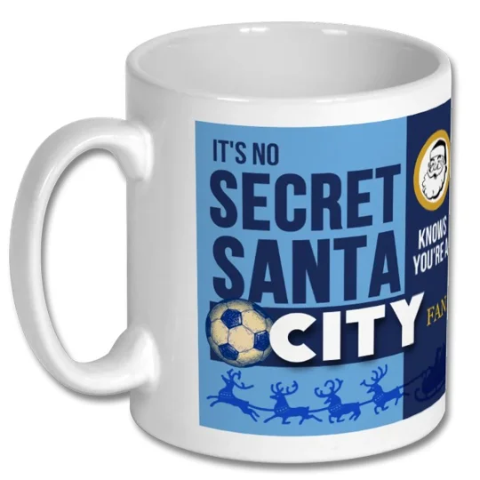Man City-inspired Secret Santa mug showing the glossy full-colour design on a white football fan gift mug
