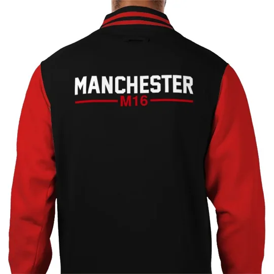 Manchester M16 retro style vintage varsity jacket, Manchester United-inspired fan jacket with embroidered design and contrast sleeves