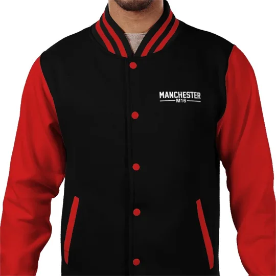 Manchester United-inspired Manchester M16 vintage fan varsity jacket with two-tone contrast sleeves and striped kn