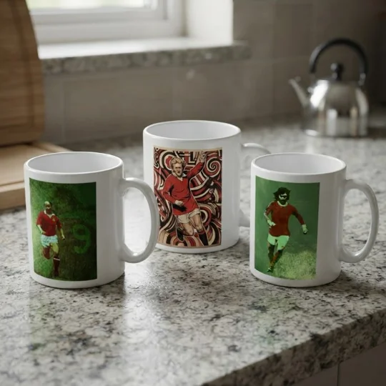 The Trinity Best Law and Charlton Manchester United-inspired set of three white football legend mugs