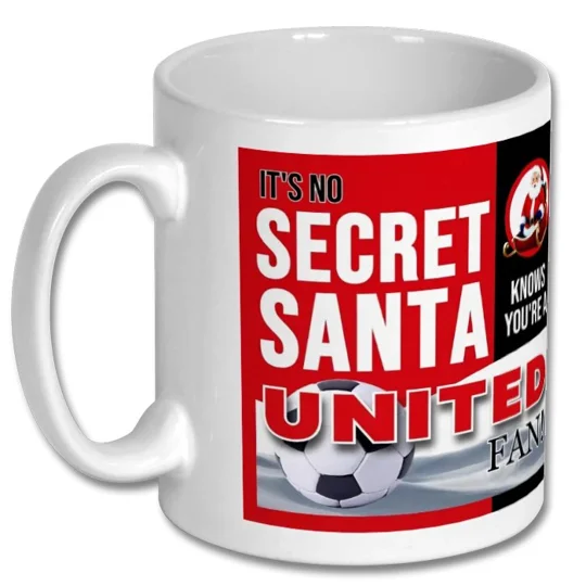 Man United-inspired Christmas Secret Santa mug, 10oz white mug with football-themed artwork for a football fan