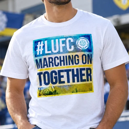 Marching On Together white T-shirt with full-colour Leeds United-inspired football artwork