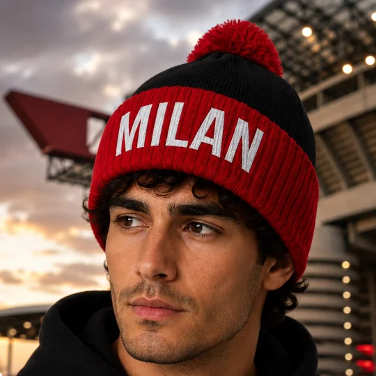 Milan-inspired retro football bobble hat shown on a football fan, featuring embroidered hashtag detail