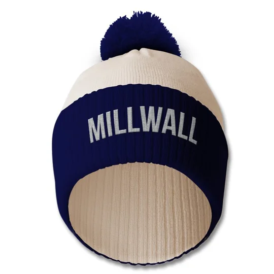 Millwall-inspired football hat with embroidered retro-style design and bobble