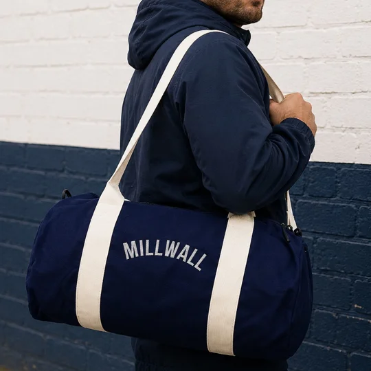 Millwall-inspired retro-style football holdall kitbag with embroidered football design
