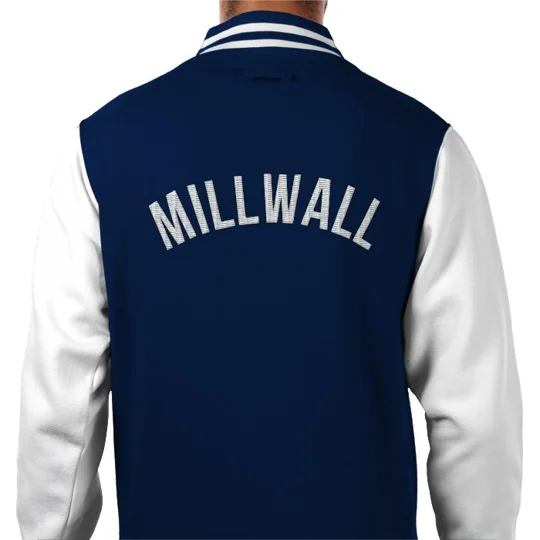 Millwall-inspired retro varsity jacket with embroidered football fan design