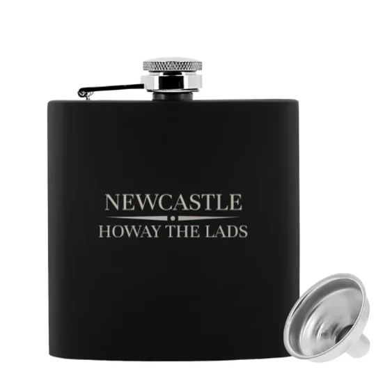 Newcastle United football-inspired 6oz hip flask with engraved design and presentation gift box