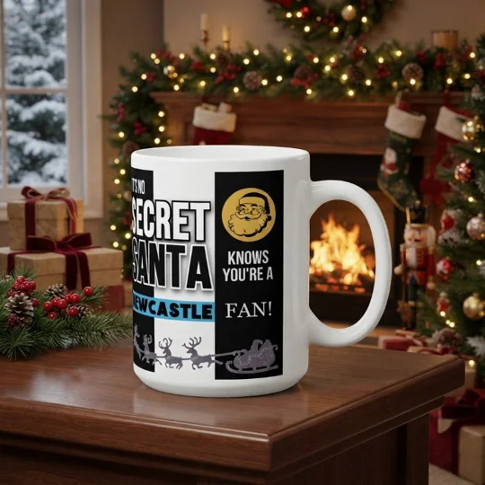 Newcastle-inspired Secret Santa Christmas gift mug with colourful football-themed artwork