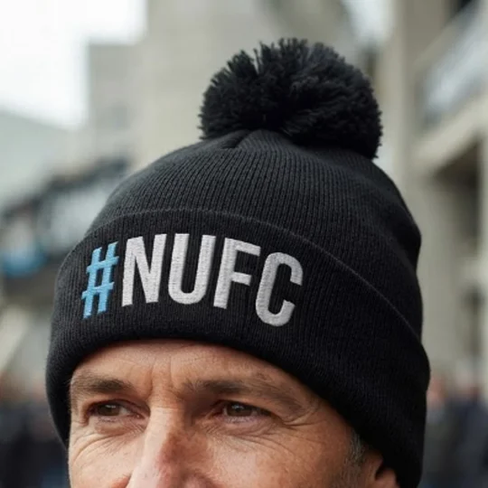 Newcastle-inspired football bobble hat showing embroidered retro-style detailing