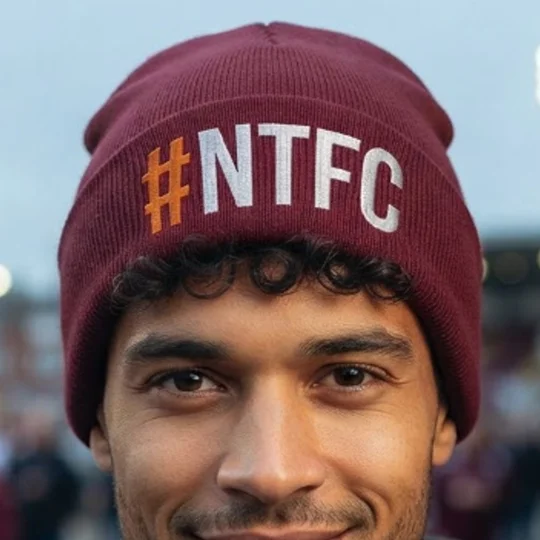 Northampton-inspired embroidered retro football beanie hat with hashtag design
