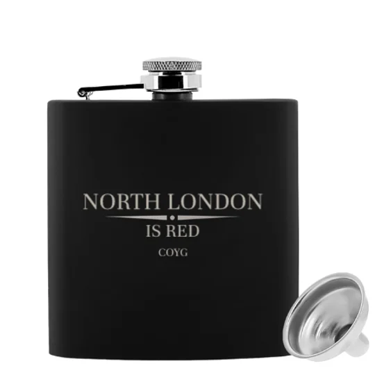 North London Is Red 6oz black luxury hip flask with Arsenal-inspired design