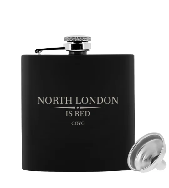 North London Is Red 6oz black luxury hip flask with Arsenal-inspired design