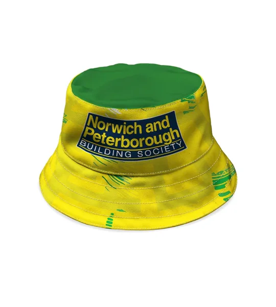 Norwich 1994 Home-Inspired bucket hat showing classic retro football design