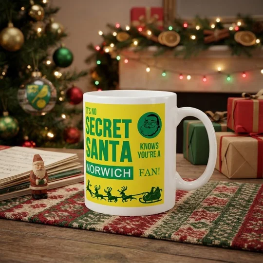 Norwich-inspired Secret Santa Christmas gift mug with full-colour football-themed artwork