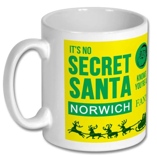 Norwich-inspired Secret Santa gift mug, 10oz white ceramic-style mug with festive football artwork