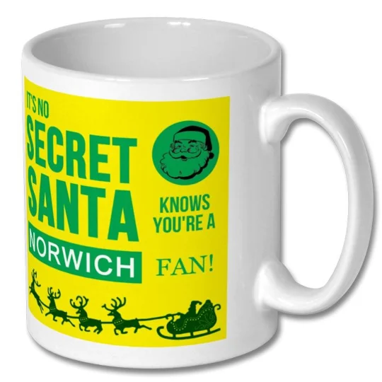 Norwich-inspired Christmas football mug featuring a glossy, high-definition colour design